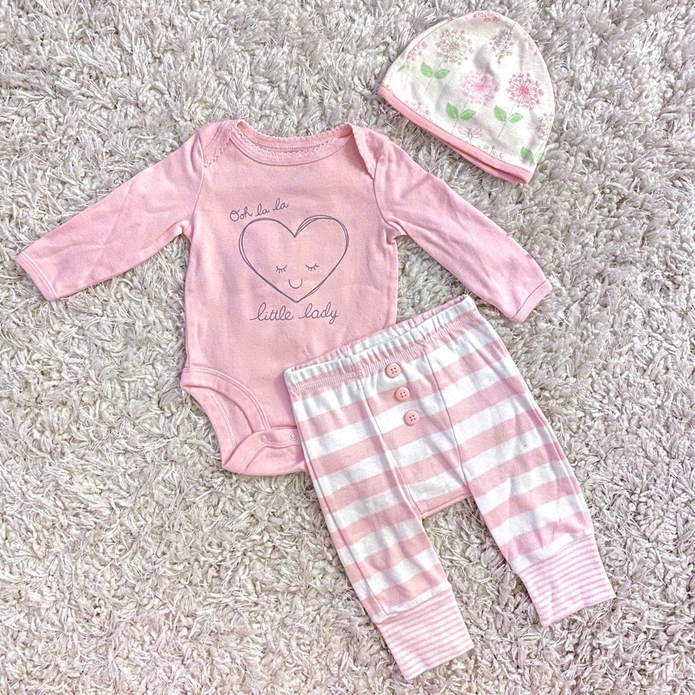 Baby Girl Koala Baby Organic 3PC Set 3M Pink Outfit Bodysuit Pants Hat